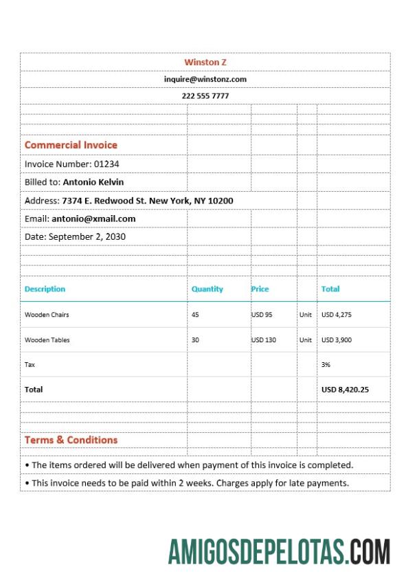 para download Exemplo de modelo de fatura comercial